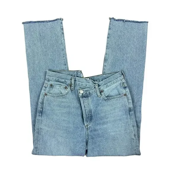 Agolde Criss Cross Straight Frayed High Rise Denim Jeans Button Fly Size 26 - Picture 5 of 13